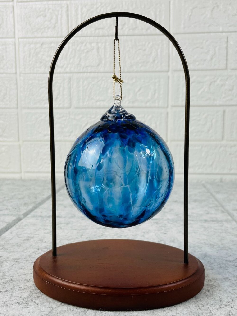 Blue Art Glass Hanging Ball Ornament with Display Stand
